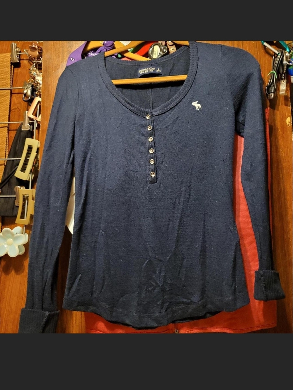 Abercrombie & Fitch Navy Long-Sleeve Henley Top with Logo